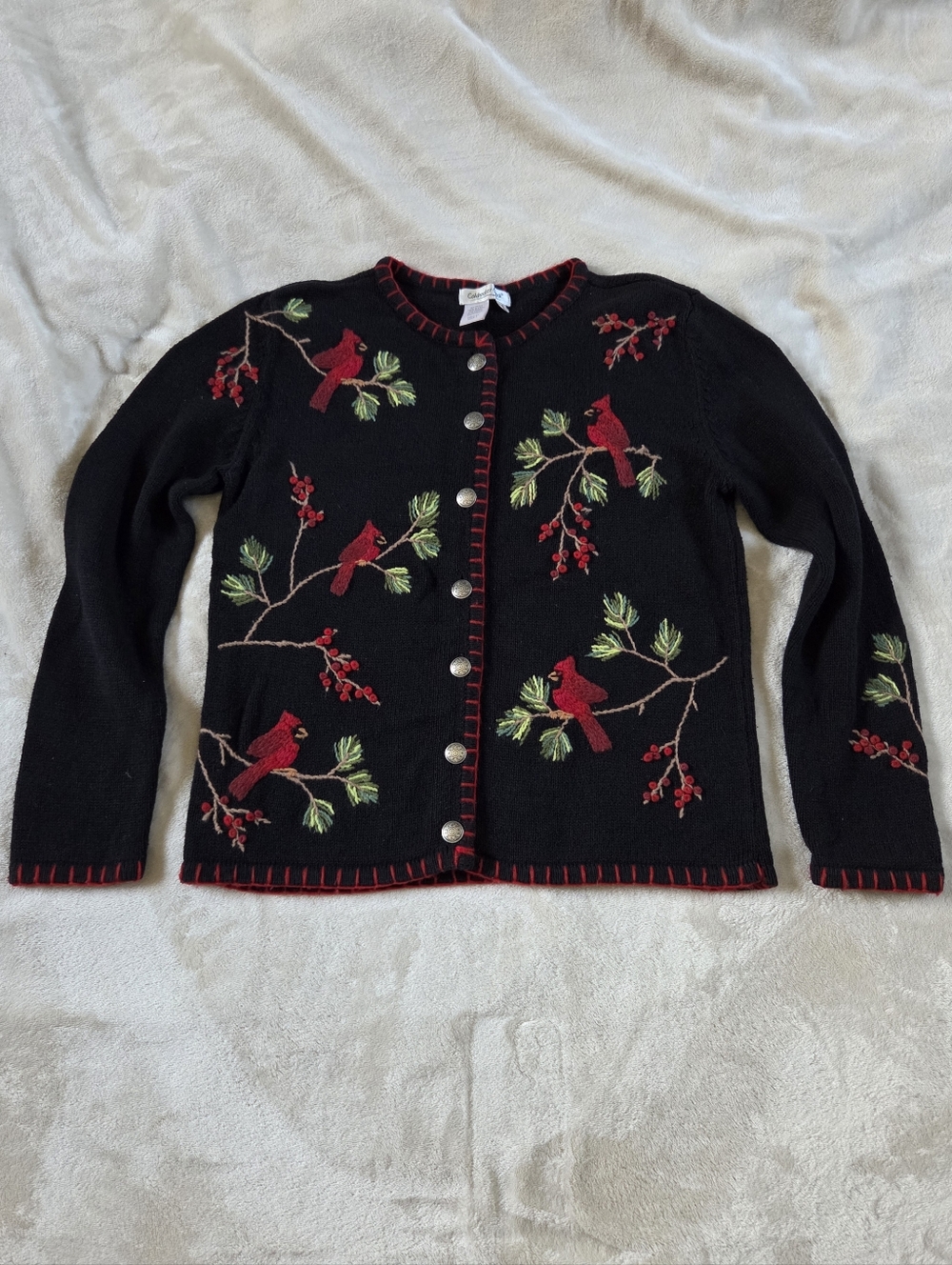 Vtg 90s Coldwater Creek Black Granny Cardigan Cardinal Embroidery Womens Small